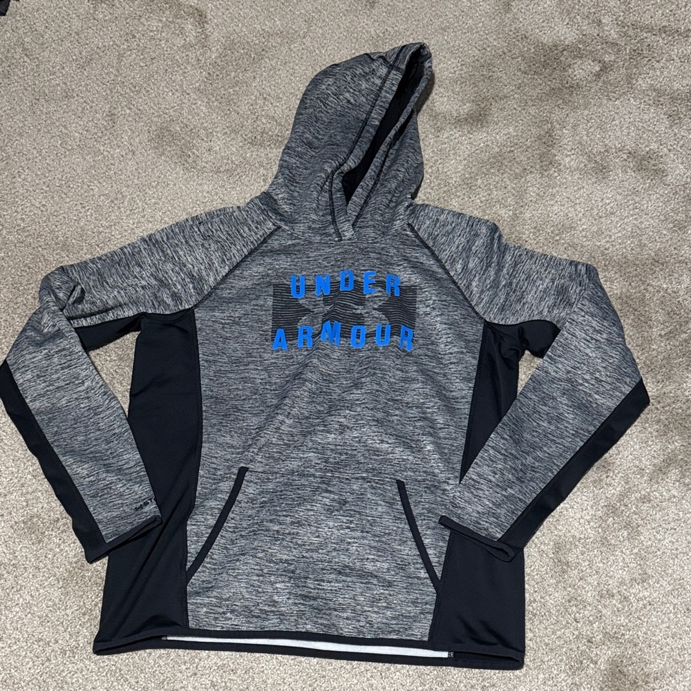Under Armour Heather Gray and Black Hoodie with Blue Logo